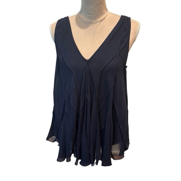 Ladies Navy Blue Max Studio Flowy V Neck Top L - Picture 1 of 5